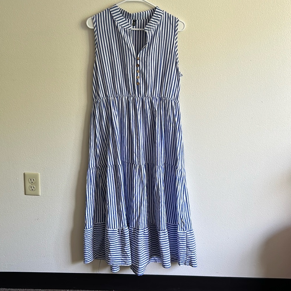 Brovave Blue/White Stripe 5 Button Sleeveless Tiered Ruffled Maxi Dress Dress.XL